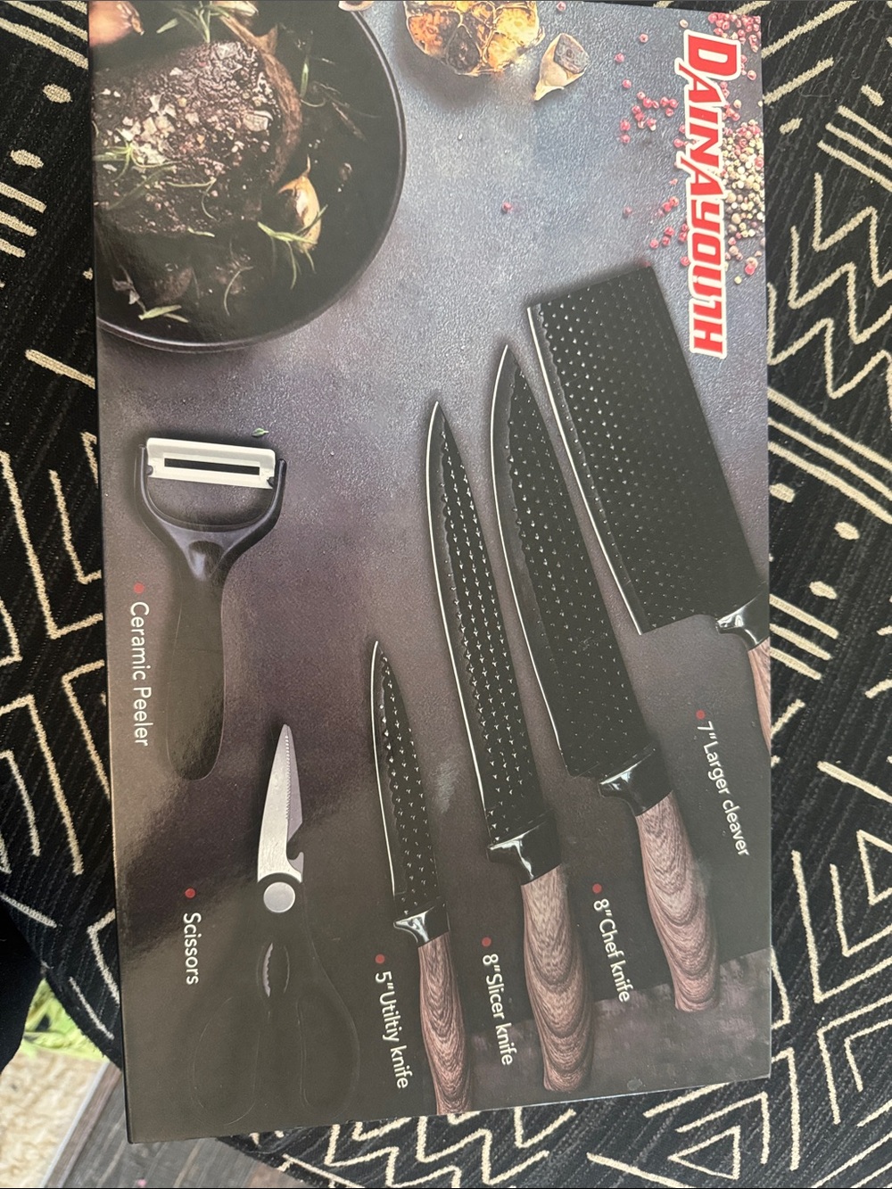 6 - Piece Black Blade Knife Set with Wood-Tone Handles
